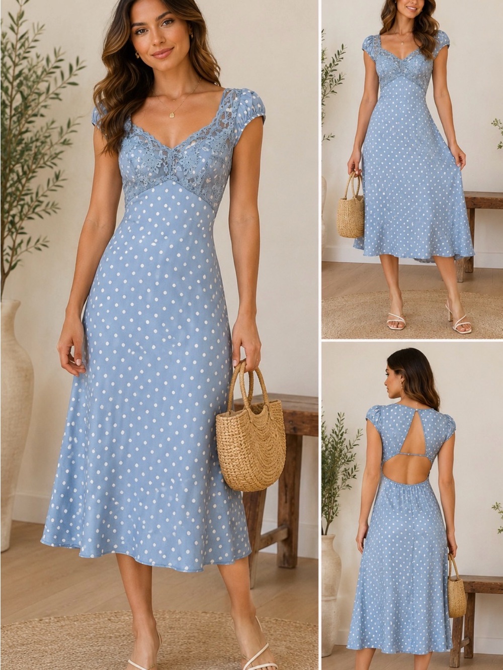 Thirty Thirty Blue Polka Dot Lace Trim Midi Dress Cottagecore Small